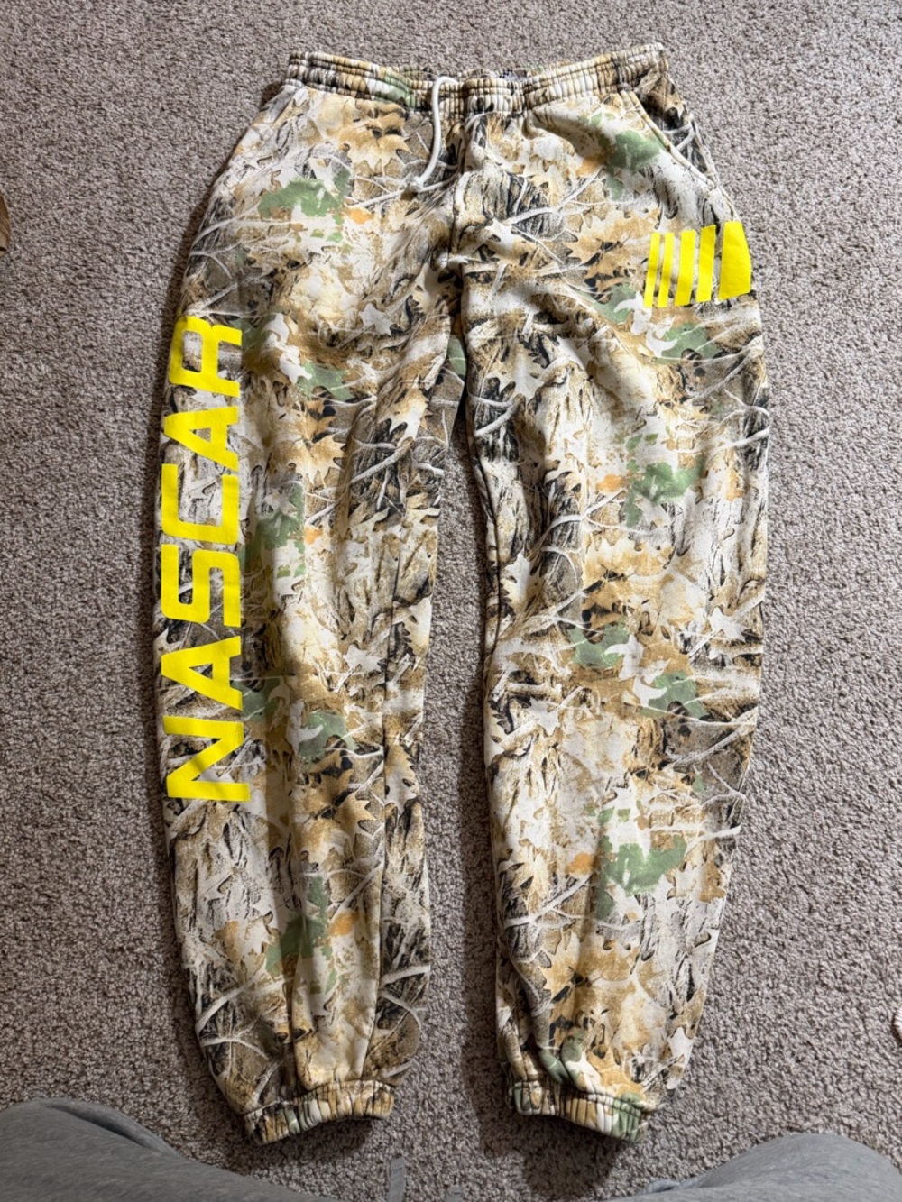 Tilly's Camo Joggers with Bright Yellow NASCAR Graphics